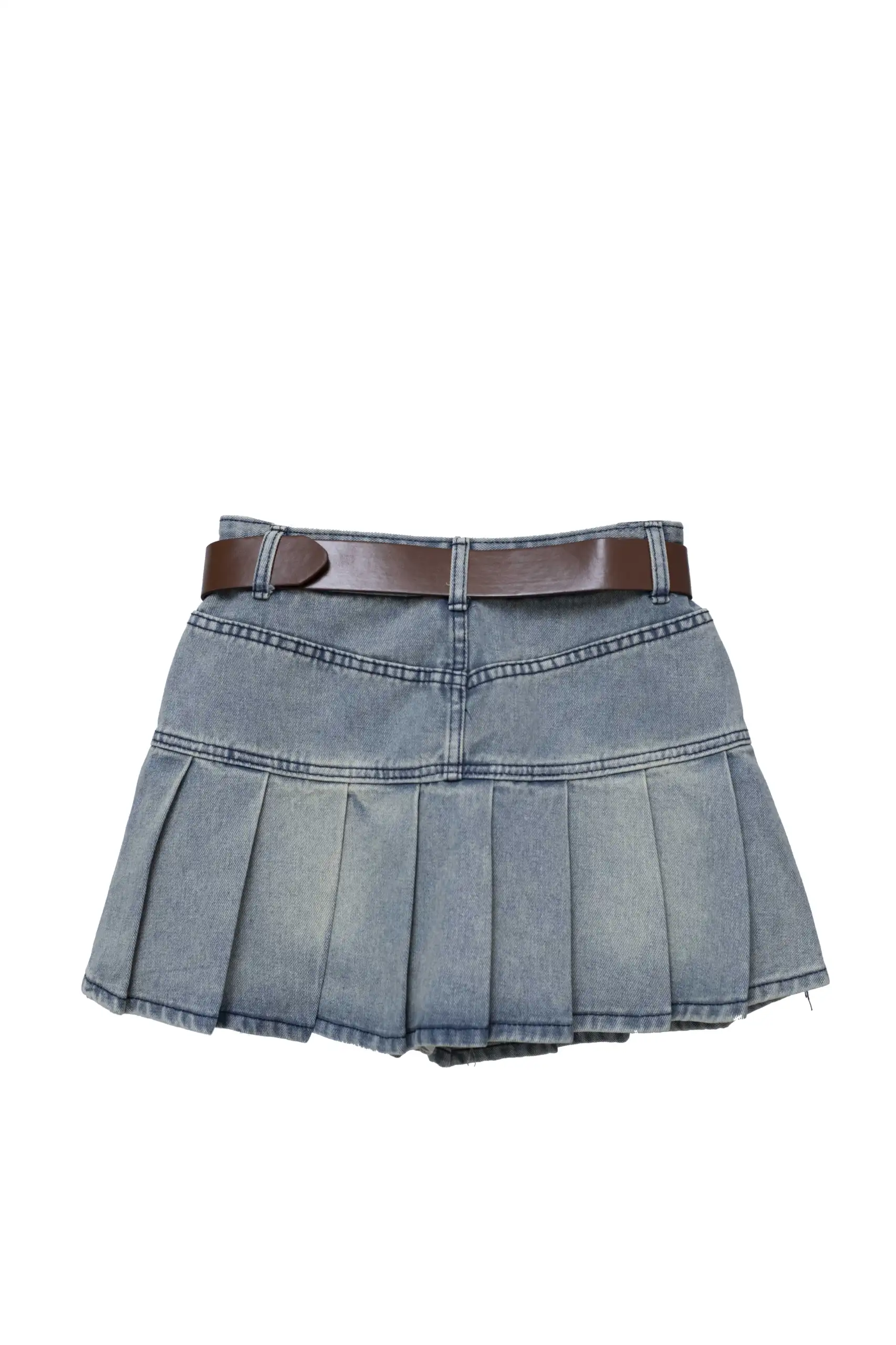 Denim Belted Pleated Mini Skirt